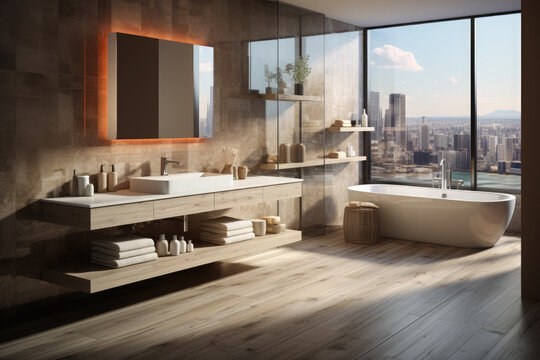 Modern luxury bathroom design. Panoramic windows. You can see a beautiful view of skyscrapers from the window