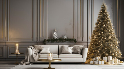 Exclusive luxury christmas interior, stunning atmosphere, wonderful christmas tree with beautiful decorations. An empty sofa is available. Beautiful Christmas presents laying unter the decorated Chris