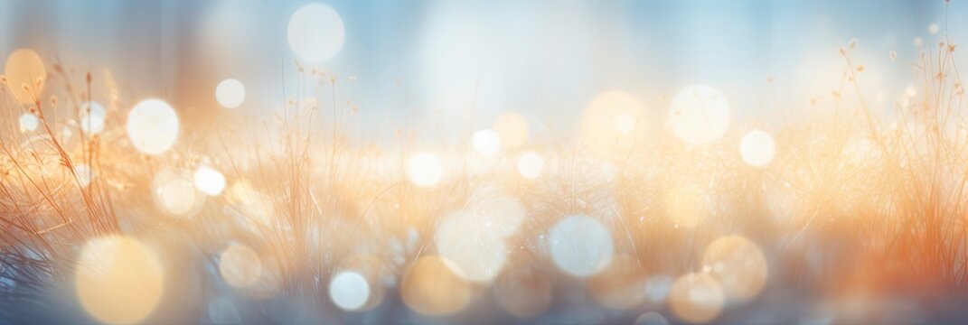 Blurred out winter season abstract nature background with lots of snowy bokeh and a bright center spotlight and a subtle vignette border.