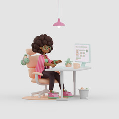 Cute afro american girl works on project at home. High quality 3d illustration concept. Positive female manage developers remotely. Sitting ergonomic workplace.