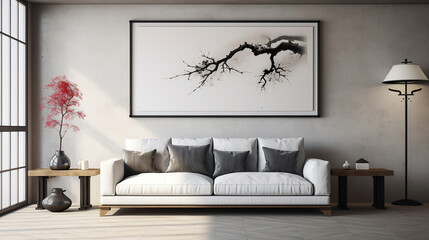 White sofa against concrete wall with art poster. Japanese style home interior design of modern living room.