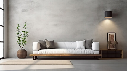 White sofa against concrete wall with art poster. Japanese style home interior design of modern living room.