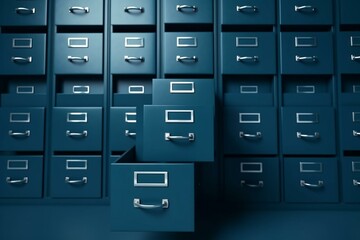 blue background with open drawers of archive file cabinets. Generative AI - obrazy, fototapety, plakaty