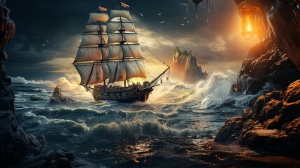Illustration of old sailing ship on the ocean and coastal cliffs. Made with Generative AI.