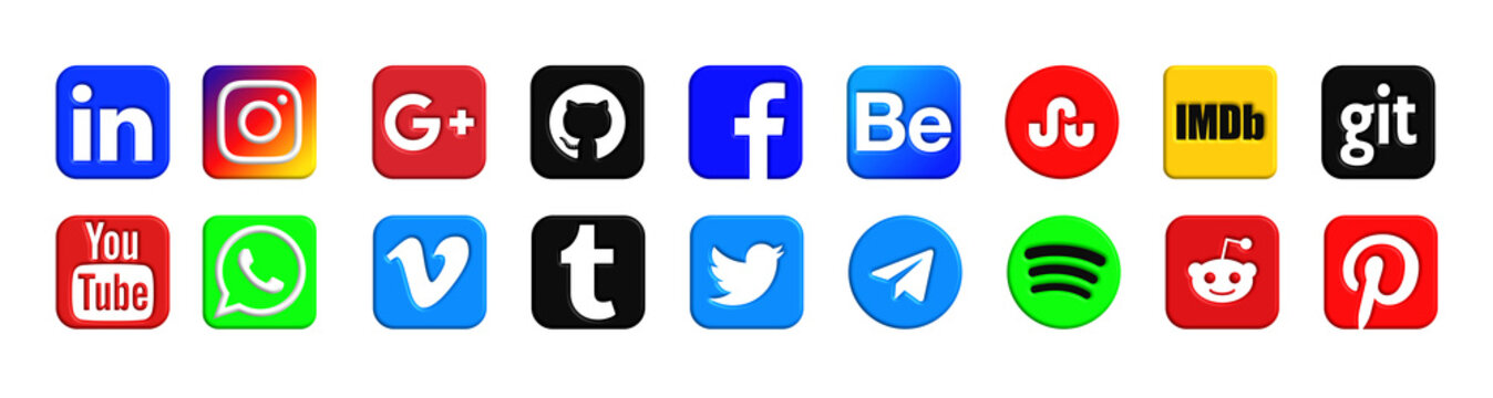 Set of social apps isolated on transparent background.  