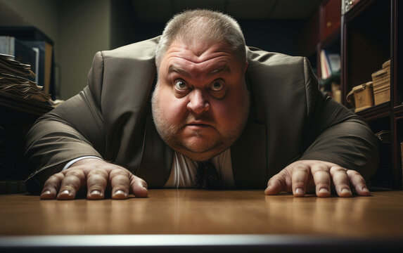 A strong morbidly obese hunky male giant macho business boss working in high rise office. Generative AI