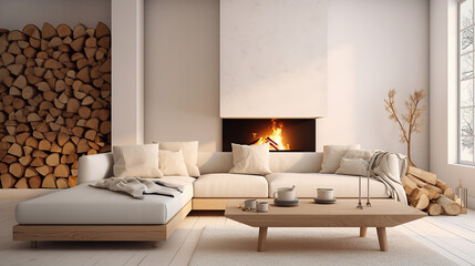Fototapeta premium White sofa with blanket and wooden coffee table against fireplace with firewood stack. Minimalist scandinavian home interior design of modern living room.
