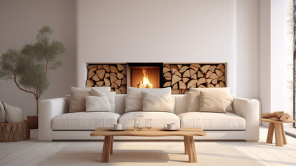 White sofa with blanket and wooden coffee table against fireplace with firewood stack. Minimalist scandinavian home interior design of modern living room. - obrazy, fototapety, plakaty