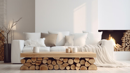 White sofa with blanket and wooden coffee table against fireplace with firewood stack. Minimalist scandinavian home interior design of modern living room.