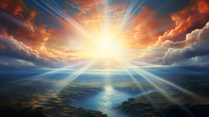 A stunning religious depiction: radiant heavenly light, the beacon of hope and happiness from the heavens..