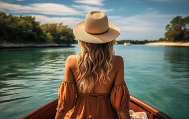 Back view of the young woman in straw hat relaxing on the boat and looking forward. Generative AI