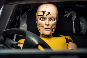 Scared crash test dummy inside car - obrazy, fototapety, plakaty