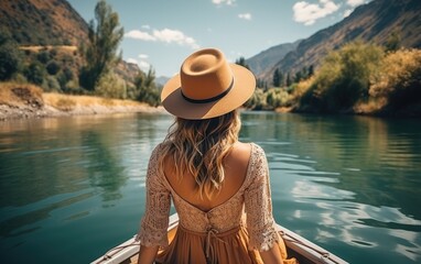 Back view of the young woman in straw hat relaxing on the boat and looking forward. Generative AI