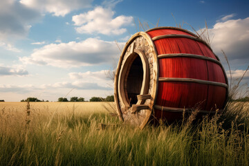 Obraz premium Old wine cellar in a field full of tall grass, dreamlike architecture, cabin core, wine lodge vineyard. 