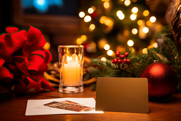 Naklejka na ściany i meble mockup empty card on wooden table with christmas decoration background