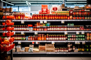 Lanes of shelves with goods products inside a supermarket. Variety of preserves and pasta. Shelves full and tidy. - obrazy, fototapety, plakaty