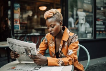 African woman with newspaper - obrazy, fototapety, plakaty