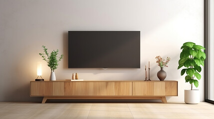 Wooden tv unit in spacious room. Scandinavian home interior design of modern living room.