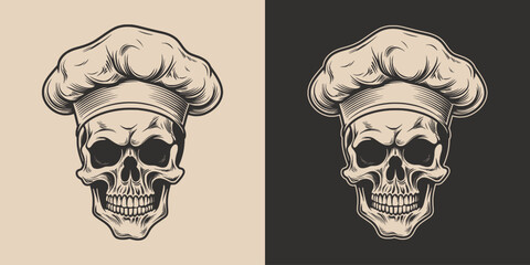 Set of vintage skull cook chef in hat uniform. Can be used for restaurant food menu emblem logo. Graphic Art. Vector. Hand drawn element in engraving - obrazy, fototapety, plakaty