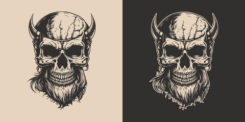 Set of vintage retro scary skull. Can be used like emblem, logo, badge, label. mark, poster or print. Monochrome Graphic Art. Vector. Hand drawn element in engraving