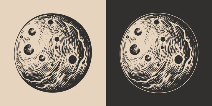 Set of vintage galaxy space planet moon. Can be used like emblem, logo, badge, label. mark, poster or print. Monochrome Graphic Art. Vector. Hand drawn element in engraving. style