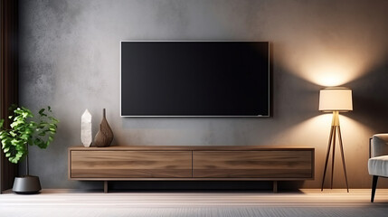 Wooden tv unit in spacious room. Scandinavian home interior design of modern living room.