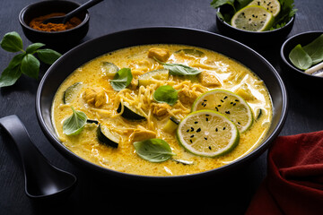 Curry soup with chicken meat, zucchini and chow mein  noodles on black background
