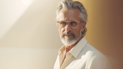 Timeless Elegance: A mature man with distinguished gray hair and glasses, framed against a neutral beige background, embodies enduring style and sophistication.