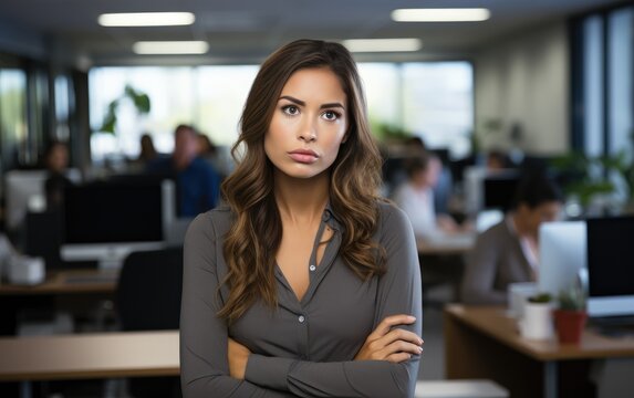 An attractive woman in an office environment with a questioning face saying "How?!". Generative AI