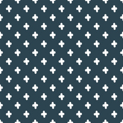 Evenly spaced masculine design with minimal white plus symbols on a navy blue background. Simple geometric seamless vector pattern is elegant and sophisticated, but has gothic edgy look with crosses