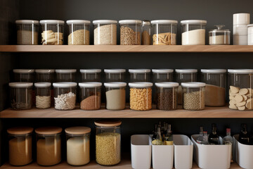 An organized, well-stocked home pantry, with various food items sorted into clear, labeled containers. The image showcases an efficient, clutter-free storage solution for the modern home.
