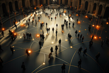 An aerial view of a crowd with a network of connections, highlighting the concept of connectivity and networks. Generative Ai.