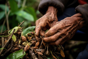 Shaman in Peru picking up Ayahuasca plants. Traditional plant medicine used in religious and shamanic rituals in the amazon rainforest.