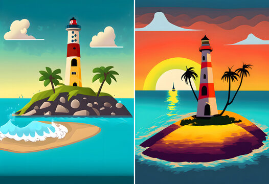 Two, Lighthouse set in caribbean sea, illustration