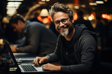 Obraz premium A business team collaboratively working on a new project, sharing smiles of enthusiasm. Generative Ai.