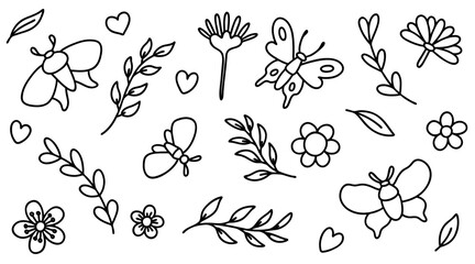 Big set with night butterflies, leaves, flowers, hearts. Vector outline illustration.
