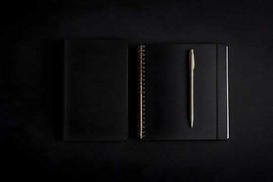 Mockup image of a black table and a blank black notebook. Black cover template that is empty and has copy room for design.