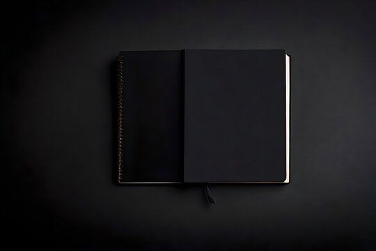 Mockup image of a black table and a blank black notebook. Black cover template that is empty and has copy room for design. Dark, simple design ide.