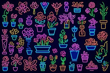 Neon sign set with flowers. bunch, bucket, and baby rose. Neon-style vector artwork with a bold banner for topics like floral shops