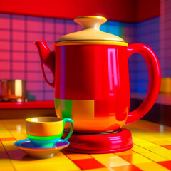 A colorful cup with a coffee pot inside in the style of red and beige iconic works of design