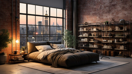 A modern industrial bedroom with a metal bed frame, exposed brick walls, hanging Edison bulbs, and large windows with a view of the city