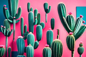 Fotobehang Pink fashion cactus on a blue background. Minimalism. style of a contemporary art gallery. original cactus idea.  © MB Khan