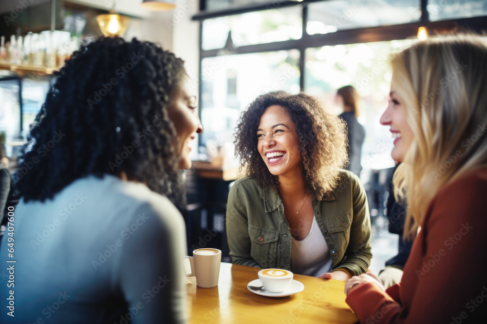 Wall mural happy smiling female friends sitting in a café laughing and talking during a lunch break