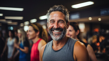smiling mature man working out in a fitness center - healthy lifestyle concept
