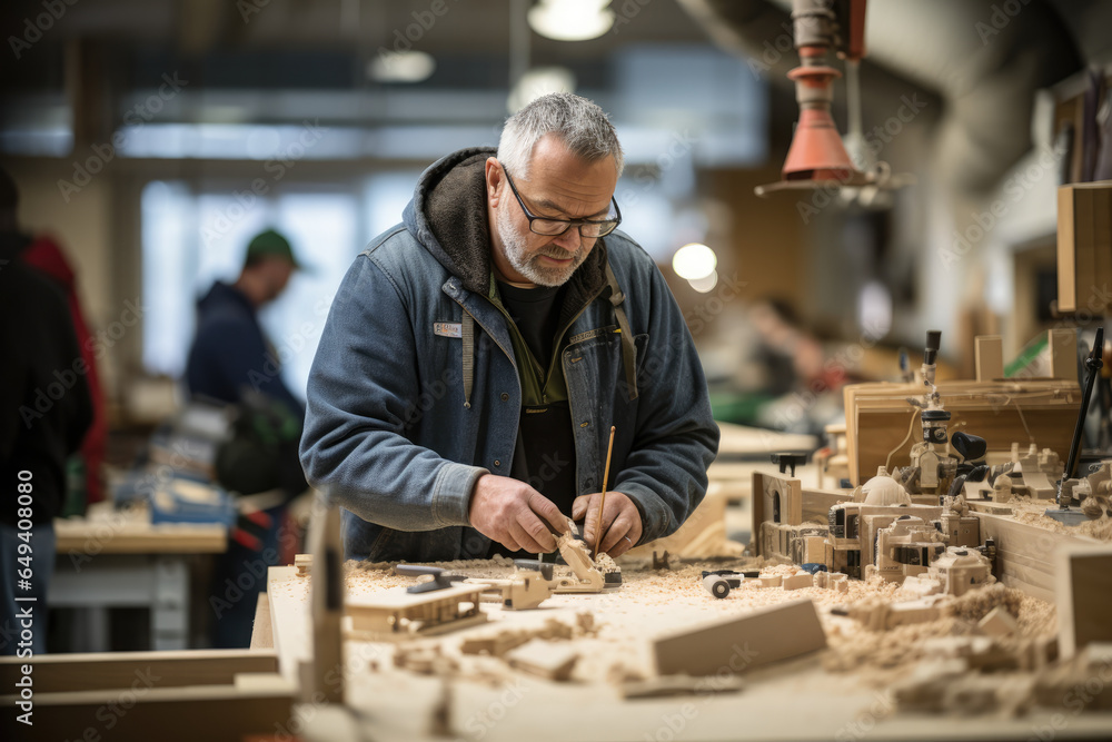 Wall mural A community workshop offers woodworking tools and space for residents to engage in DIY projects, encouraging skill-sharing and creativity. Generative Ai.