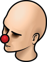 A woman's head with a red round clown nose.