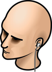 A woman's head wearing white earbuds.