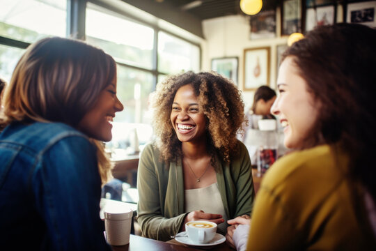 Happy smiling female friends sitting in a café laughing and talking during a lunch break