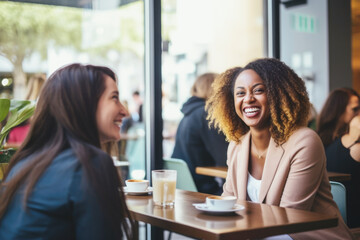Fototapeta premium Happy smiling female friends sitting in a café laughing and talking during a lunch break