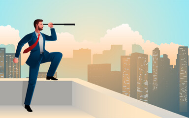 Illustration of a confident businessman standing on the top of a building, gazing at the city's skyline through a telescope. Themes of leadership, strategic vision, foresight, and future planning